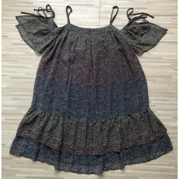 Lucky Brand, Women's Multi-Color Floral Dress Cold Shoulder Tiered Ruffle, Small - Picture 1 of 8